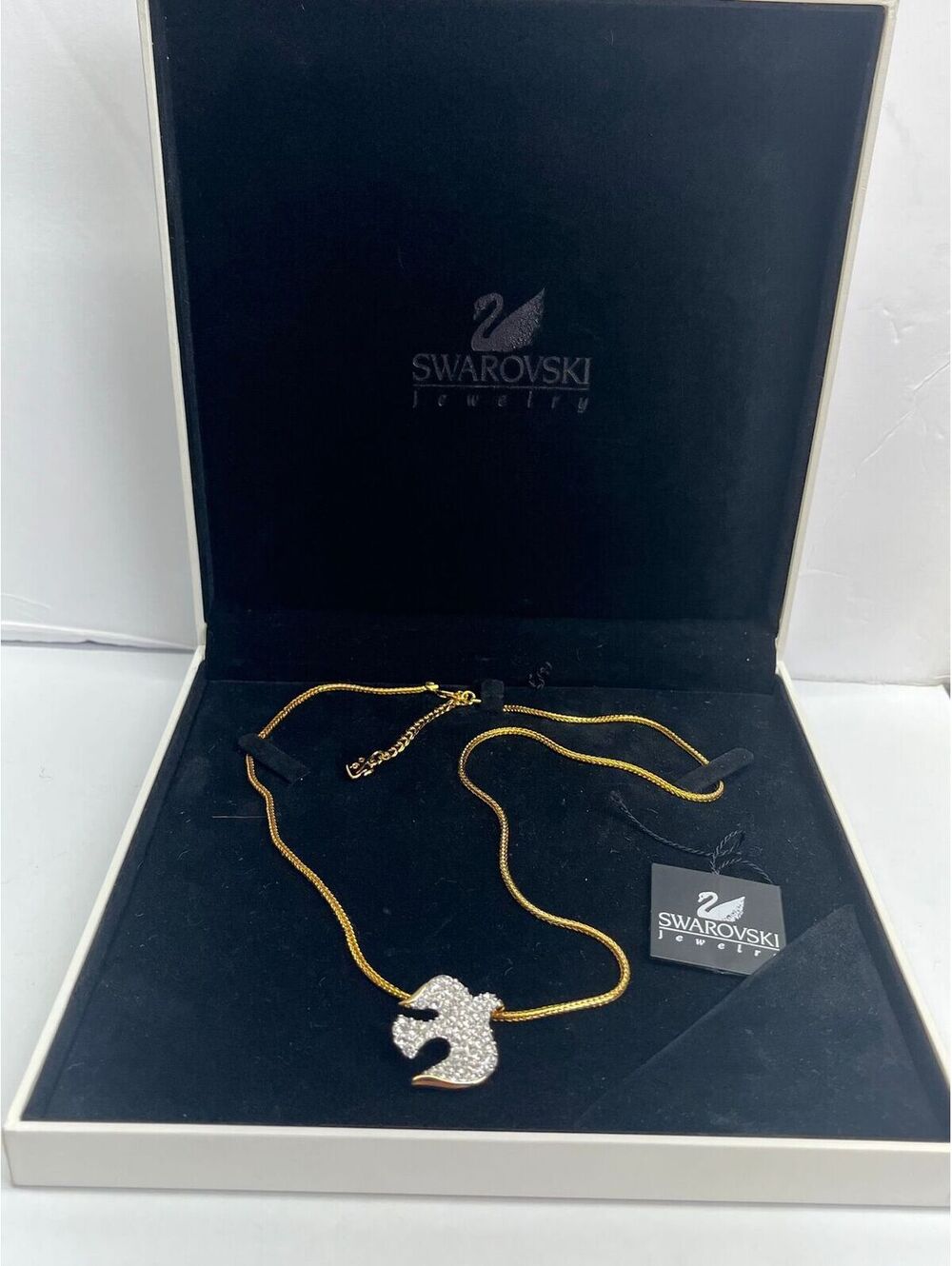 Vintage Swarovski NIB Gold Tone Dove Pendant Necklace With Pave Crystals 22-24”